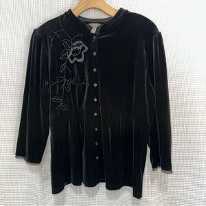 J. Jill Black Velvet 3/4 Sleeve Floral Embroidered Button Up Top Whimsigoth LP
